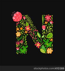 Floral summer Letter N. Flower Capital wedding Uppercase Alphabet. Colorful font with flowers and leaves. Vector illustration Grotesque scandinavian style.. Floral summer Letter N. Flower Capital wedding Uppercase Alphabet. Colorful font with flowers and leaves. Vector illustration Grotesque scandinavian style
