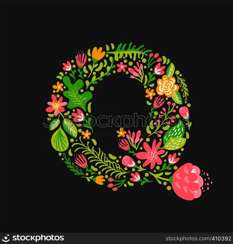 Floral summer Letter Q. Flower Capital wedding Uppercase Alphabet. Colorful font with flowers and leaves. Vector illustration Grotesque scandinavian style.. Floral summer Letter Q. Flower Capital wedding Uppercase Alphabet. Colorful font with flowers and leaves. Vector illustration Grotesque scandinavian style