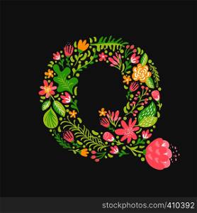 Floral summer Letter Q. Flower Capital wedding Uppercase Alphabet. Colorful font with flowers and leaves. Vector illustration Grotesque scandinavian style.. Floral summer Letter Q. Flower Capital wedding Uppercase Alphabet. Colorful font with flowers and leaves. Vector illustration Grotesque scandinavian style