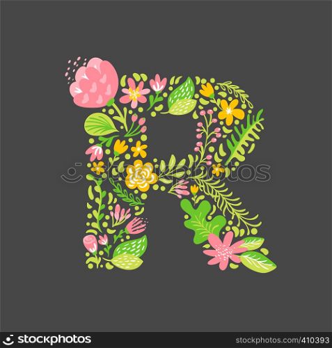 Floral summer Letter R. Flower Capital wedding Uppercase Alphabet. Colorful font with flowers and leaves. Vector illustration Grotesque scandinavian style.. Floral summer Letter R. Flower Capital wedding Uppercase Alphabet. Colorful font with flowers and leaves. Vector illustration Grotesque scandinavian style