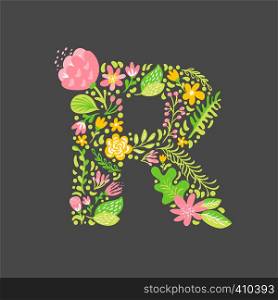 Floral summer Letter R. Flower Capital wedding Uppercase Alphabet. Colorful font with flowers and leaves. Vector illustration Grotesque scandinavian style.. Floral summer Letter R. Flower Capital wedding Uppercase Alphabet. Colorful font with flowers and leaves. Vector illustration Grotesque scandinavian style