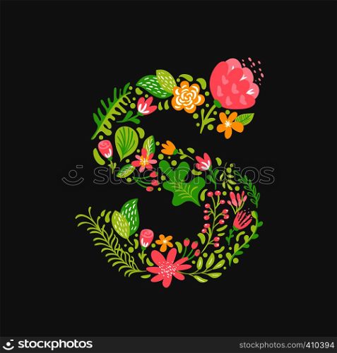 Floral summer Letter S. Flower Capital wedding Uppercase Alphabet. Colorful font with flowers and leaves. Vector illustration Grotesque scandinavian style.. Floral summer Letter S. Flower Capital wedding Uppercase Alphabet. Colorful font with flowers and leaves. Vector illustration Grotesque scandinavian style