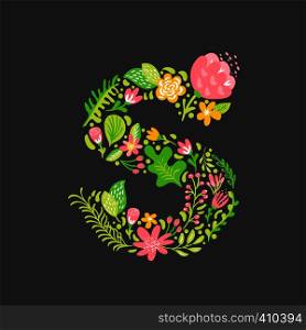 Floral summer Letter S. Flower Capital wedding Uppercase Alphabet. Colorful font with flowers and leaves. Vector illustration Grotesque scandinavian style.. Floral summer Letter S. Flower Capital wedding Uppercase Alphabet. Colorful font with flowers and leaves. Vector illustration Grotesque scandinavian style