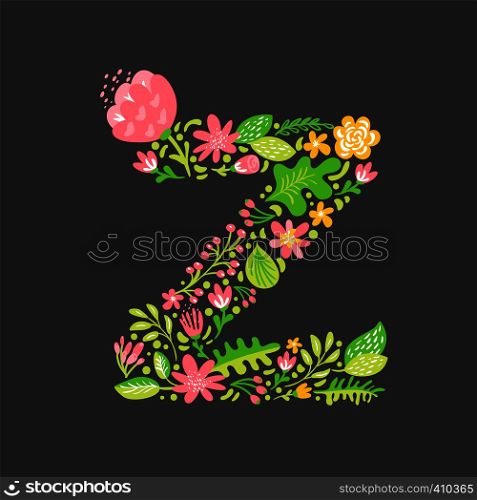 Floral summer Letter Z. Flower Capital wedding Uppercase Alphabet. Colorful font with flowers and leaves. Vector illustration Grotesque scandinavian style.. Floral summer Letter Z. Flower Capital wedding Uppercase Alphabet. Colorful font with flowers and leaves. Vector illustration Grotesque scandinavian style