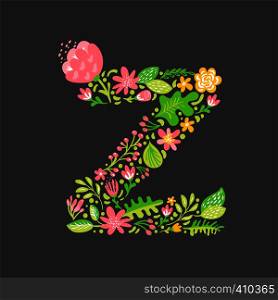 Floral summer Letter Z. Flower Capital wedding Uppercase Alphabet. Colorful font with flowers and leaves. Vector illustration Grotesque scandinavian style.. Floral summer Letter Z. Flower Capital wedding Uppercase Alphabet. Colorful font with flowers and leaves. Vector illustration Grotesque scandinavian style