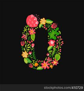 Floral summer Number 0 zero. Flower Capital wedding Alphabet. Colorful font with flowers and leaves. Vector illustration scandinavian style.. Floral summer Number 0 zero. Flower Capital wedding Alphabet. Colorful font with flowers and leaves. Vector illustration scandinavian style