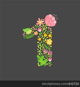 Floral summer Number 1 one. Flower Capital wedding Uppercase Alphabet. Colorful font with flowers and leaves. Vector illustration scandinavian style.. Floral summer Number 1 one. Flower Capital wedding Uppercase Alphabet. Colorful font with flowers and leaves. Vector illustration scandinavian style