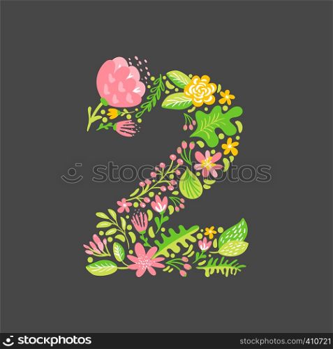 Floral summer Number 2 two. Flower Capital wedding Alphabet. Colorful font with flowers and leaves. Vector illustration scandinavian style.. Floral summer Number 2 two. Flower Capital wedding Alphabet. Colorful font with flowers and leaves. Vector illustration scandinavian style