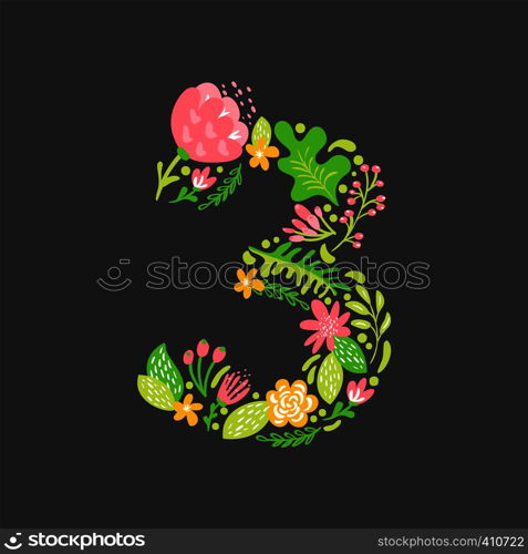 Floral summer Number 3 three. Flower Capital wedding Alphabet. Colorful font with flowers and leaves. Vector illustration scandinavian style.. Floral summer Number 3 three. Flower Capital wedding Alphabet. Colorful font with flowers and leaves. Vector illustration scandinavian style