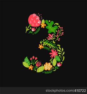 Floral summer Number 3 three. Flower Capital wedding Alphabet. Colorful font with flowers and leaves. Vector illustration scandinavian style.. Floral summer Number 3 three. Flower Capital wedding Alphabet. Colorful font with flowers and leaves. Vector illustration scandinavian style