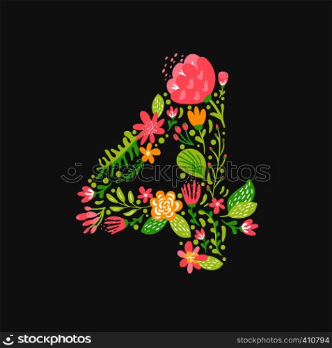 Floral summer Number 4 four. Flower Capital wedding Alphabet. Colorful font with flowers and leaves. Vector illustration scandinavian style.. Floral summer Number 4 four. Flower Capital wedding Alphabet. Colorful font with flowers and leaves. Vector illustration scandinavian style