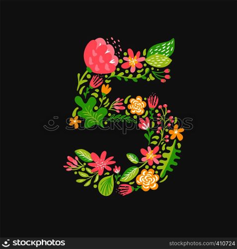 Floral summer Number 5 five. Flower Capital wedding Alphabet. Colorful font with flowers and leaves. Vector illustration scandinavian style.. Floral summer Number 5 five. Flower Capital wedding Alphabet. Colorful font with flowers and leaves. Vector illustration scandinavian style