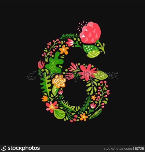 Floral summer Number 6 six. Flower Capital wedding Alphabet. Colorful font with flowers and leaves. Vector illustration scandinavian style.. Floral summer Number 6 six. Flower Capital wedding Alphabet. Colorful font with flowers and leaves. Vector illustration scandinavian style