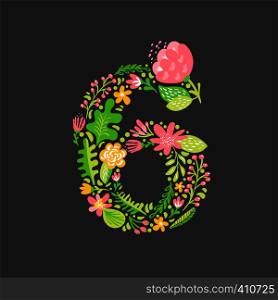 Floral summer Number 6 six. Flower Capital wedding Alphabet. Colorful font with flowers and leaves. Vector illustration scandinavian style.. Floral summer Number 6 six. Flower Capital wedding Alphabet. Colorful font with flowers and leaves. Vector illustration scandinavian style