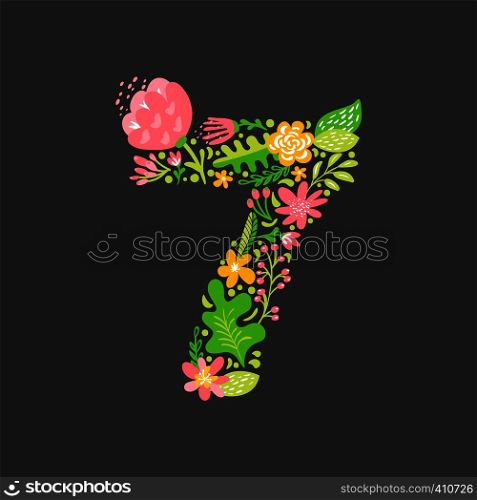 Floral summer Number 7 seven. Flower Capital wedding Alphabet. Colorful font with flowers and leaves. Vector illustration folk style.. Floral summer Number 7 seven. Flower Capital wedding Alphabet. Colorful font with flowers and leaves. Vector illustration folk style