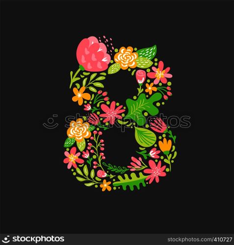Floral summer Number 8 eight. Flower Capital wedding Alphabet. Colorful font with flowers and leaves. Vector illustration folk style.. Floral summer Number 8 eight. Flower Capital wedding Alphabet. Colorful font with flowers and leaves. Vector illustration folk style