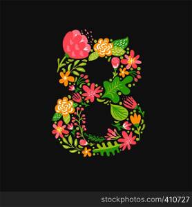 Floral summer Number 8 eight. Flower Capital wedding Alphabet. Colorful font with flowers and leaves. Vector illustration folk style.. Floral summer Number 8 eight. Flower Capital wedding Alphabet. Colorful font with flowers and leaves. Vector illustration folk style