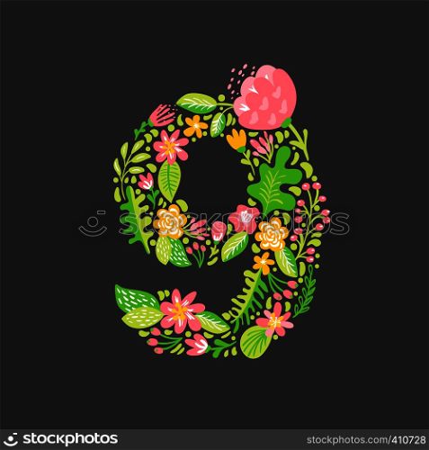 Floral summer Number 9 nine. Flower Capital wedding Alphabet. Colorful font with flowers and leaves. Vector illustration scandinavian style.. Floral summer Number 9 nine. Flower Capital wedding Alphabet. Colorful font with flowers and leaves. Vector illustration scandinavian style