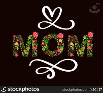 Floral summer text Mom. Vector illustration hand drawn Capital Uppercase with flowers and leaves and white calligraphy letters on red background for Mothers Day.. Floral summer text Mom. Vector illustration hand drawn Capital Uppercase with flowers and leaves and white calligraphy letters on red background for Mother s Day