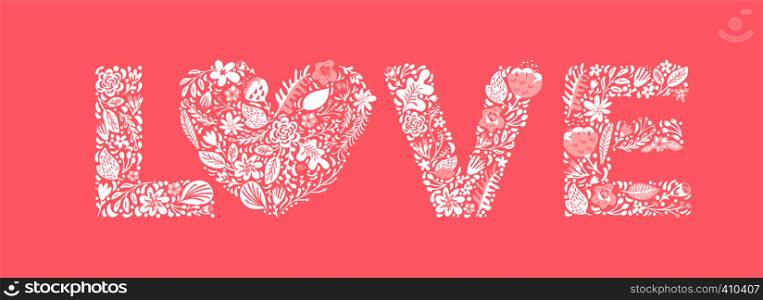 Floral summer word Love. Flower Capital wedding Uppercase letters. Pink background with white flowers and leaves. Vector illustration Grotesque scandinavian style for valentines day.. Floral summer word Love. Flower Capital wedding Uppercase letters. Pink background with white flowers and leaves. Vector illustration Grotesque scandinavian style for valentines day