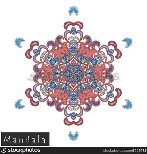 Floral symmetrical geometrical symbol. Vector flower mandala icon isolated on white. Oriental round colored pattern. Arabic, Indian, Moroccan, Spain, Turkish, Pakistan, Chinese decorative element.