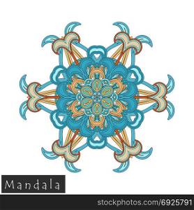 Floral symmetrical geometrical symbol. Vector flower mandala icon isolated on white. Oriental round colored pattern. Arabic, Indian, Moroccan, Spain, Turkish, Pakistan, Chinese decorative element.