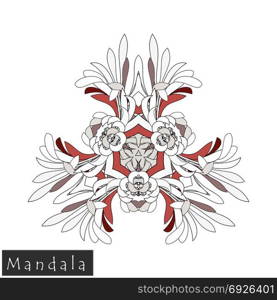 Floral symmetrical geometrical symbol. Vector flower mandala icon isolated on white. Oriental round colored pattern. Arabic, Indian, Moroccan, Spain, Turkish, Pakistan, Chinese decorative element.