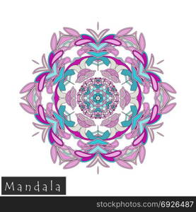 Floral symmetrical geometrical symbol. Vector flower mandala icon isolated on white. Oriental round colored pattern. Arabic, Indian, Moroccan, Spain, Turkish, Pakistan, Chinese decorative element.