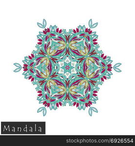 Floral symmetrical geometrical symbol. Vector flower mandala icon isolated on white. Oriental round colored pattern. Arabic, Indian, Moroccan, Spain, Turkish, Pakistan, Chinese decorative element.