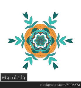 Floral symmetrical geometrical symbol. Vector flower mandala icon isolated on white. Oriental round colored pattern. Arabic, Indian, Moroccan, Spain, Turkish, Pakistan, Chinese decorative element.