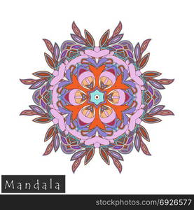 Floral symmetrical geometrical symbol. Vector flower mandala icon isolated on white. Oriental round colored pattern. Arabic, Indian, Moroccan, Spain, Turkish, Pakistan, Chinese decorative element.