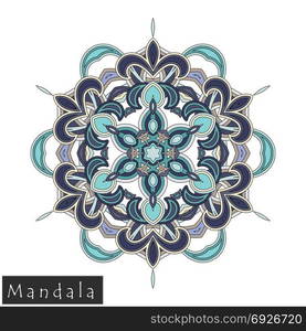 Floral symmetrical geometrical symbol. Vector flower mandala icon isolated on white. Oriental round colored pattern. Arabic, Indian, Moroccan, Spain, Turkish, Pakistan, Chinese decorative element.