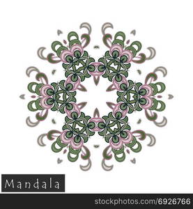 Floral symmetrical geometrical symbol. Vector flower mandala icon isolated on white. Oriental round colored pattern. Arabic, Indian, Moroccan, Spain, Turkish, Pakistan, Chinese decorative element.