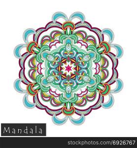 Floral symmetrical geometrical symbol. Vector flower mandala icon isolated on white. Oriental round colored pattern. Arabic, Indian, Moroccan, Spain, Turkish, Pakistan, Chinese decorative element.