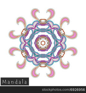 Floral symmetrical geometrical symbol. Vector flower mandala icon isolated on white. Oriental round colored pattern. Arabic, Indian, Moroccan, Spain, Turkish, Pakistan, Chinese decorative element.