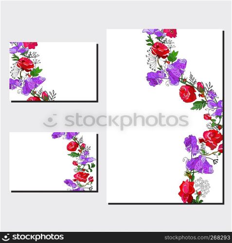 Floral template wit red rose and violet sweet pea for your design, greeting cards, festive announcements, posters. - Vector. Floral set of templates for your design, greeting cards, festive