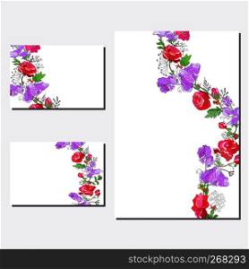 Floral template wit red rose and violet sweet pea for your design, greeting cards, festive announcements, posters. - Vector. Floral set of templates for your design, greeting cards, festive