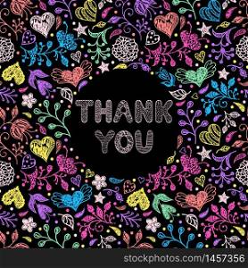 Floral thank you card on black background.Vector illustration.. Floral thank you card