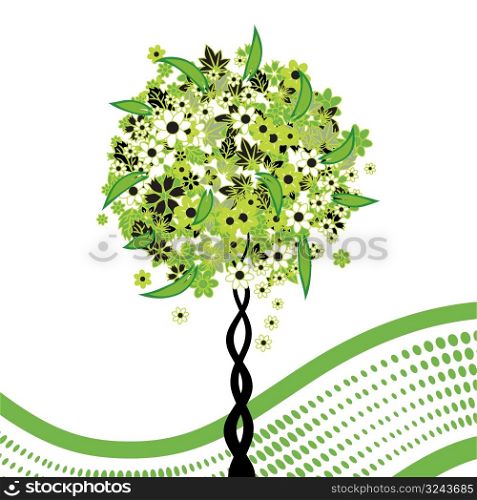 Floral tree green on background wave