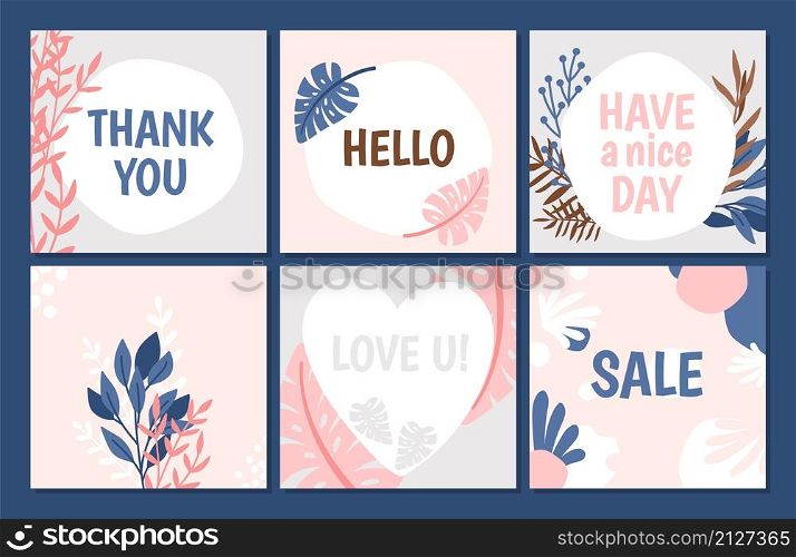 Floral trendy cards template. Thank you, love, sale banners. Cute modern flyers with flowers and plants vector set. Floral trendy cards template