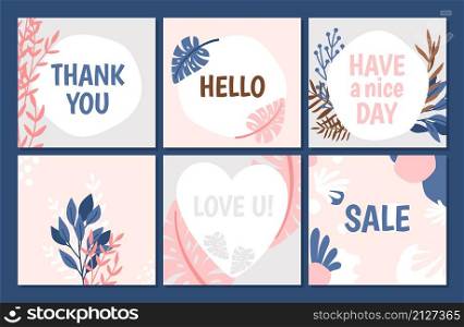 Floral trendy cards template. Thank you, love, sale banners. Cute modern flyers with flowers and plants vector set. Floral trendy cards template