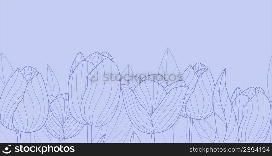 Floral tulips banner. Line tulip seamless pattern, spring flowers and leaves. Garden bouquet, holland plants symbols vector background. Illustration flower blossom tulips banner. Floral tulips banner. Line tulip seamless pattern, spring flowers and leaves. Garden bouquet, holland plants symbols vector background