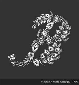 Floral uppercase white letter B monogram on black background. Vector illustration design.