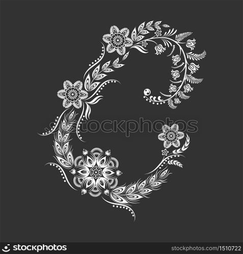 Floral uppercase white letter C monogram on black background. Vector illustration design.