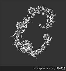 Floral uppercase white letter C monogram on black background. Vector illustration design.