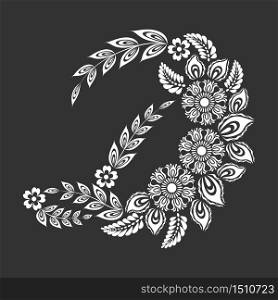 Floral uppercase white letter D monogram on black background. Vector illustration design.