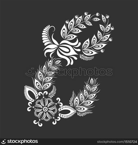 Floral uppercase white letter E monogram on black background. Vector illustration design.