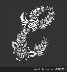 Floral uppercase white letter E monogram on black background. Vector illustration design.