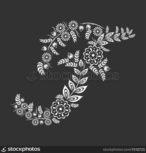 Floral uppercase white letter F monogram on black background. Vector illustration design.