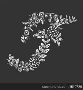 Floral uppercase white letter F monogram on black background. Vector illustration design.